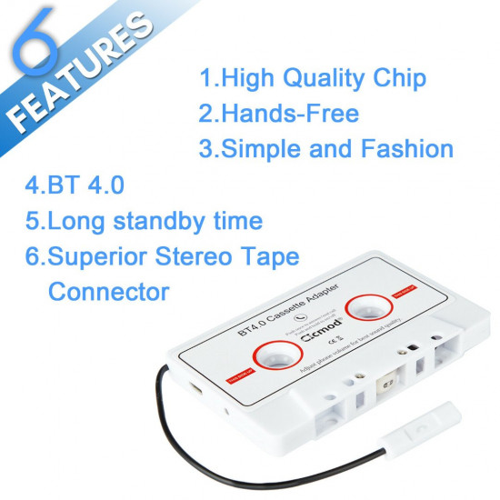 BESDATA 4.0 Bluetooth Music Audio Receiver Cassette Player Adapter for Auto Car White BESDATA 4.0 Bluetooth Music Audio Receiver Cassette Player Adapter for Auto Car White
