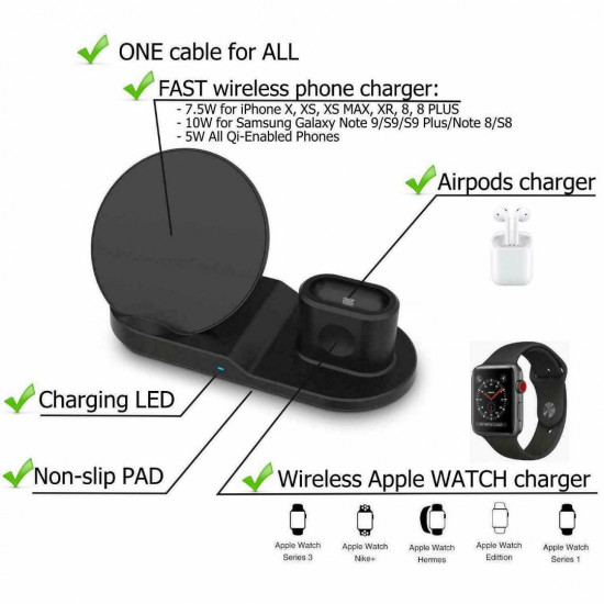 TKOOFN 3in1 QI Wireless Charger Charging Dock Station for Apple Watch / iPhone/Air Pods