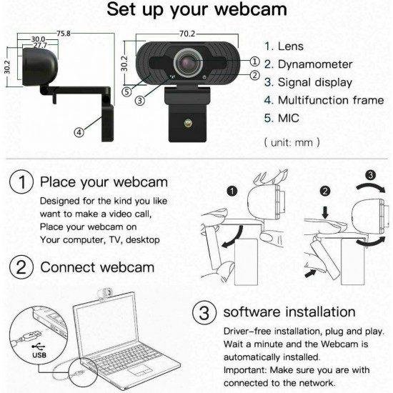 TKOOFN Full HD 1080P Webcam Desktop Laptop Video Call USB Web Camera with Microphone