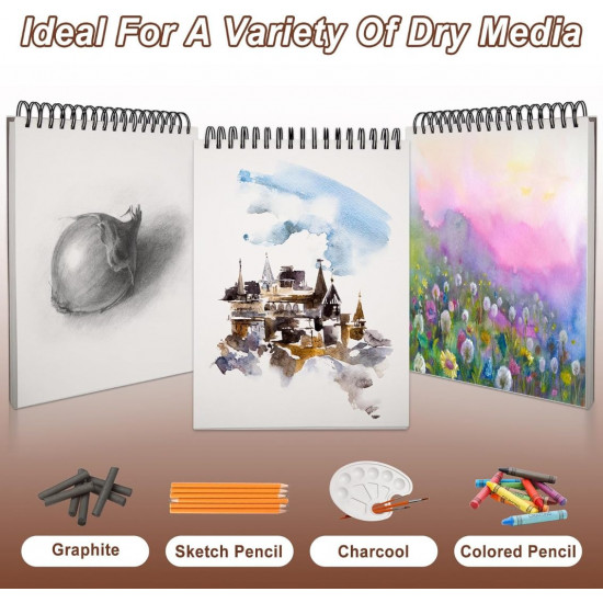 TKOOFN Cuaderno de bocetos de 9 x 12 pulgadas, paquete de 5 cuadernos de bocetos premium encuadernados en espiral superior (68 libras/100 gsm), 500 hojas en total, papel de pintura sin ácidos para