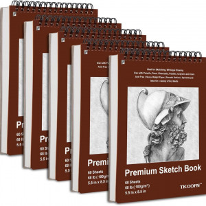 TKOOFN Cuaderno de bocetos de 5.5 x 8.5 pulgadas, paquete de 5, 300 hojas superiores encuadernadas en espiral, blocs de dibujo (68 libras/100 gsm), papel de pintura sin ácidos para adultos, niños