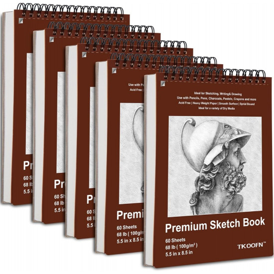 TKOOFN Cuaderno de bocetos de 5.5 x 8.5 pulgadas, paquete de 5, 300 hojas superiores encuadernadas en espiral, blocs de dibujo (68 libras/100 gsm), papel de pintura sin ácidos para adultos, niños