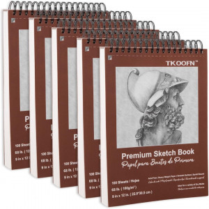 TKOOFN Cuaderno de bocetos de 9 x 12 pulgadas, paquete de 5 cuadernos de bocetos premium encuadernados en espiral superior (68 libras/100 gsm), 500 hojas en total, papel de pintura sin ácidos para