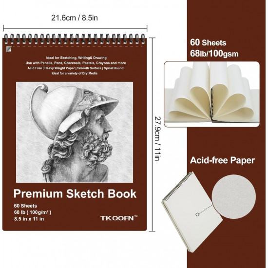 TKOOFN Cuaderno de bocetos de 8.5 x 11 pulgadas, paquete de 10, 600 hojas superiores encuadernadas en espiral, blocs de dibujo (68 libras/100 gsm), libro de dibujo de papel de pintura sin ácidos para