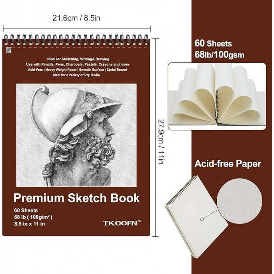 TKOOFN 8.5" x 11" Sketch Book, Pack of 5, 300 Sheet Top Spiral Bound Premium Sketchbook Drawing Pads(68lb/100gsm), Acid-Free Painting Paper for Adults Kids Artists Beginners