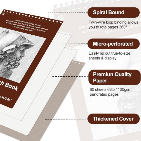 TKOOFN 8.5" x 11" Sketch Book, Pack of 10, 600 Sheet Top Spiral Bound Premium Sketchbook Drawing Pads(68lb/100gsm), Acid-Free Painting Paper Drawingbook for Adults Kids Artists Beginners