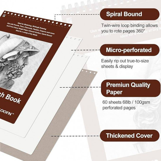 TKOOFN 8.5" x 11" Sketch Book, Pack of 5, 300 Sheet Top Spiral Bound Premium Sketchbook Drawing Pads(68lb/100gsm), Acid-Free Painting Paper for Adults Kids Artists Beginners