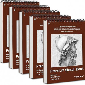 TKOOFN 8.5" x 11" Sketch Book, Pack of 5, 300 Sheet Top Spiral Bound Premium Sketchbook Drawing Pads(68lb/100gsm), Acid-Free Painting Paper for Adults Kids Artists Beginners