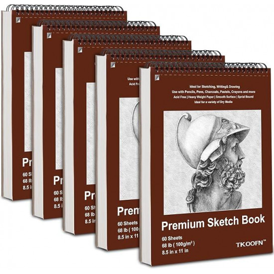 TKOOFN 8.5" x 11" Sketch Book, Pack of 5, 300 Sheet Top Spiral Bound Premium Sketchbook Drawing Pads(68lb/100gsm), Acid-Free Painting Paper for Adults Kids Artists Beginners