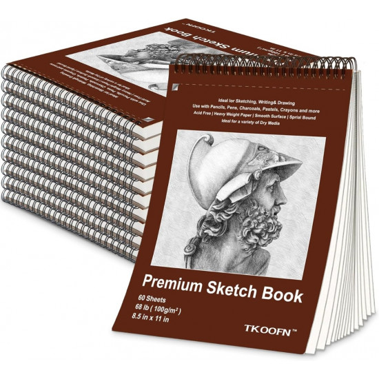 TKOOFN 8.5" x 11" Sketch Book, Pack of 10, 600 Sheet Top Spiral Bound Premium Sketchbook Drawing Pads(68lb/100gsm), Acid-Free Painting Paper Drawingbook for Adults Kids Artists Beginners